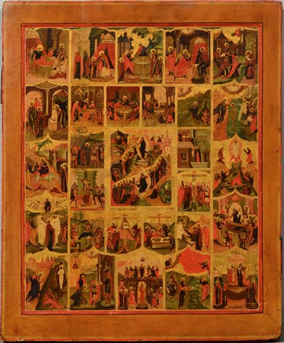 Grande icona russa raffigurante  Le dodici grandi feste con scene della Passione di Cristo
