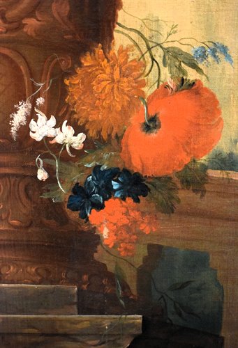 Nature Morte de Fleurs avec Putto et Fontaine dans un  jarden