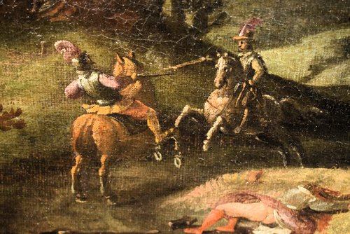 "Assault on the village with clash between knights"